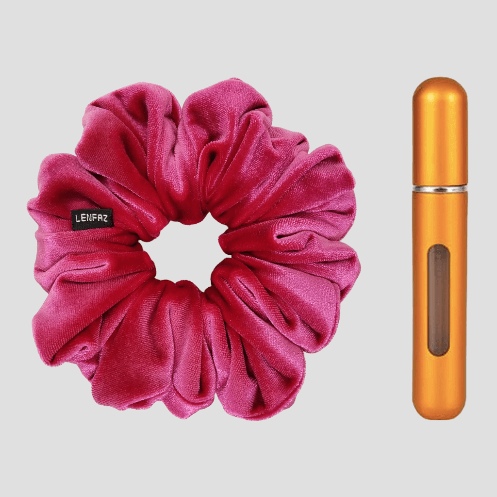 Very Berry Velvet Scrunchie and Sunset Yellow Mini Perfume Refillable Spray Bottle Gift Set